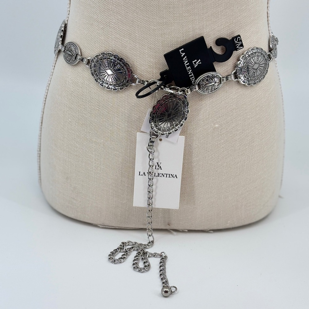 La Valentina Chain Belt Women S/M Silver Western Boho Etched Medallion New